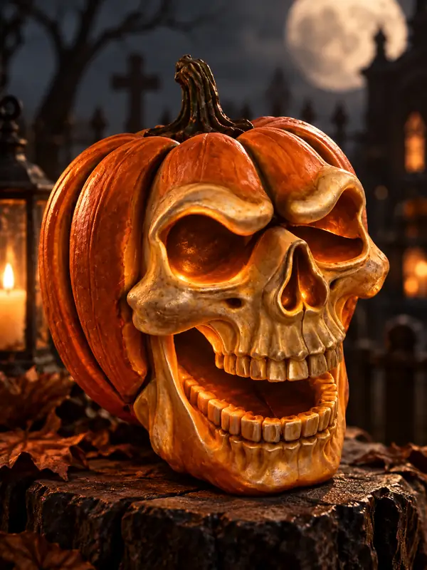 A carved Halloween pumpkin with a dramatic skull face shown as a 3D model.