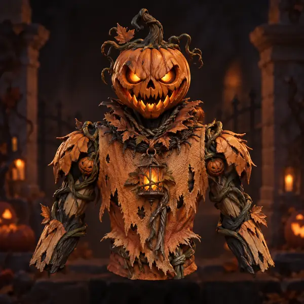 A Halloween pumpkin guardian character presented as a stylized 3D figurine.