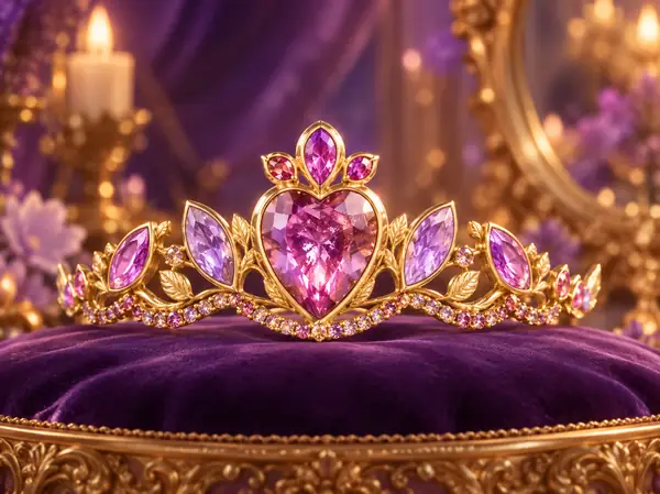 A jewel-like ornamental tiara modeled in metallic gold with colorful accents.