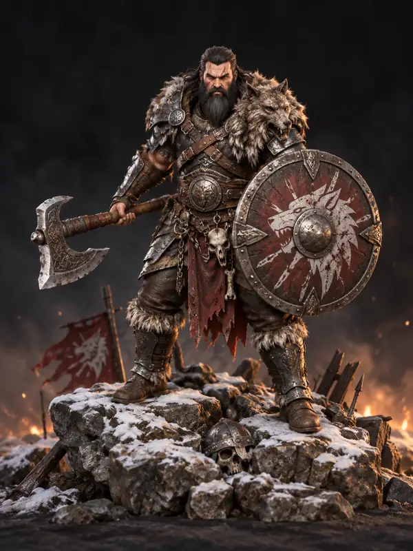 An armored fantasy warrior with a battle axe rendered as a detailed 3D character.